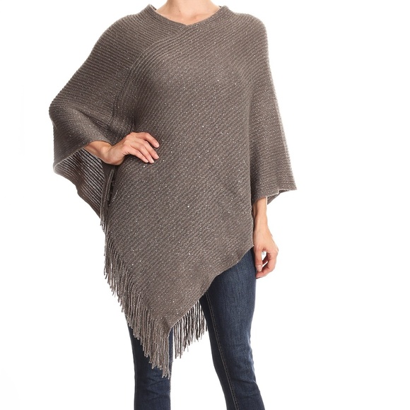 MomMe And More Sweaters - New Womens Cute Gray Sequin Fringed Shimmer Poncho